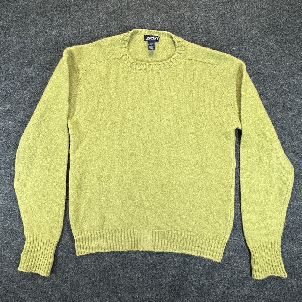 Vintage Lands End 100% Wool Sweater Mens Large Tall Green Yellow Scotland 90's
